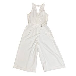 Adelyn Rae Wide Leg White Crop Jumpsuit Sz XS Culotte Belted Sleeveless Surplice